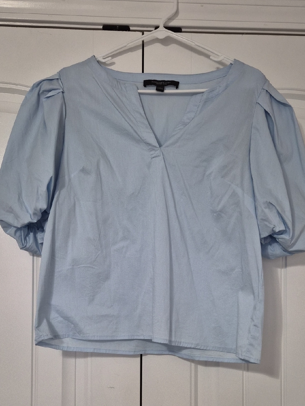 Women's Light Blue V-Neck Puff-Sleeve Blouse